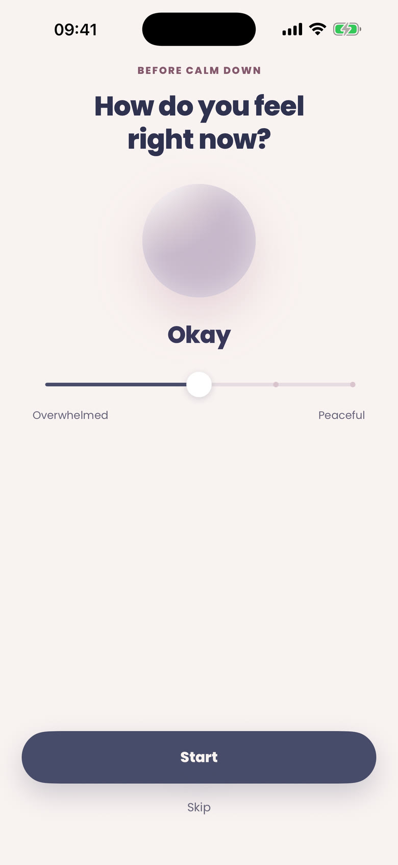 The mood check-in slider, from overwhelmed to peaceful